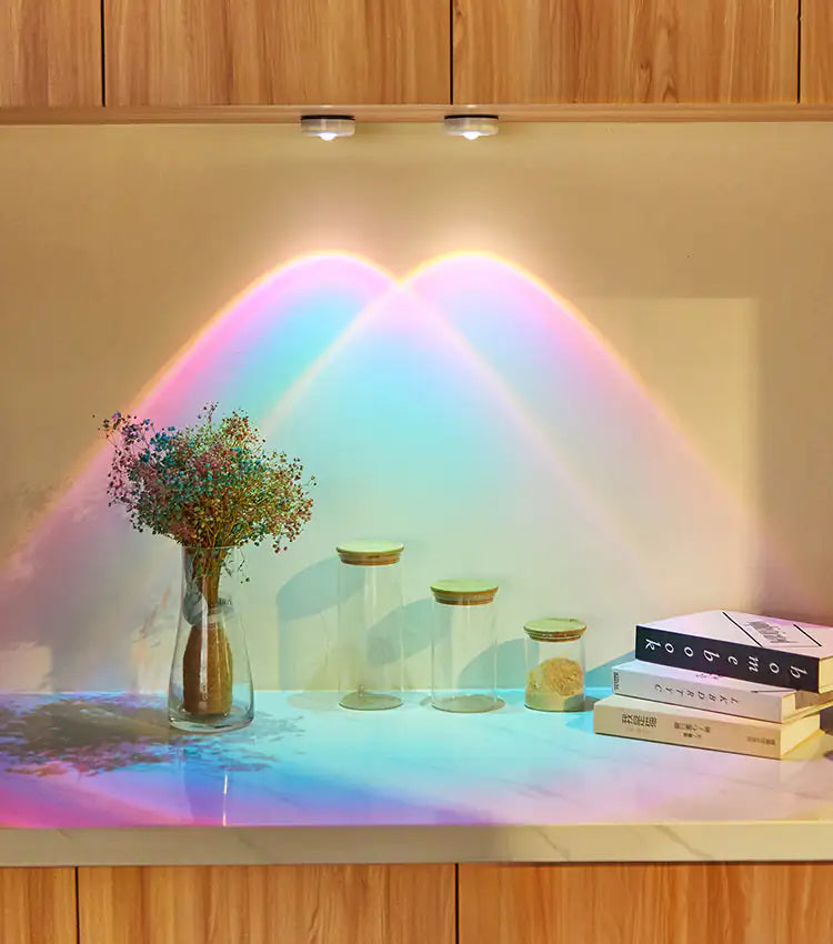 Sunset LED lamp for home use, versatile projector for mood lighting and stylish under-cabinet illumination.