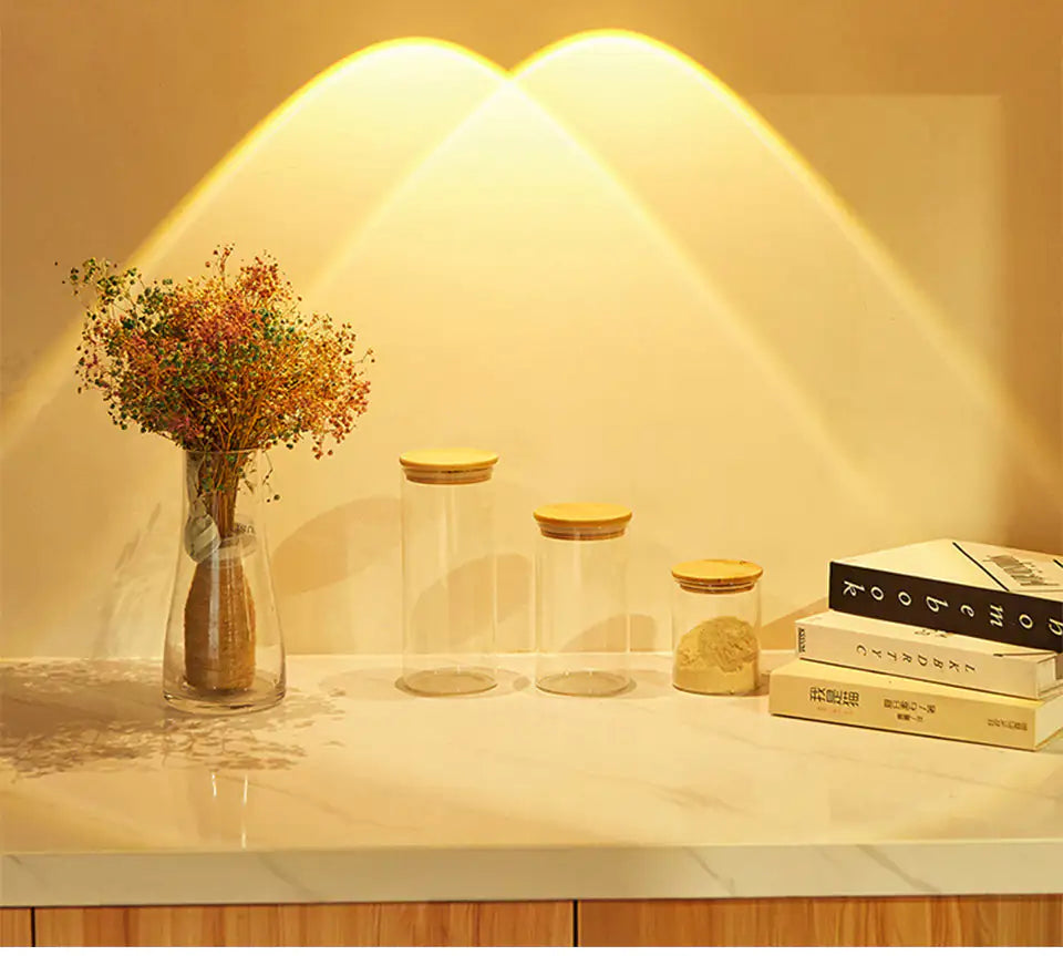 Sunset LED lamp for home use, versatile projector for mood lighting and stylish under-cabinet illumination.