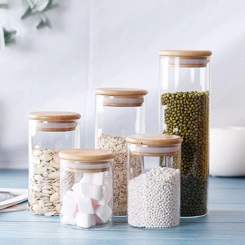 Multipurpose glass storage jar with bamboo lid, airtight sealed canister for food and cereal storage.