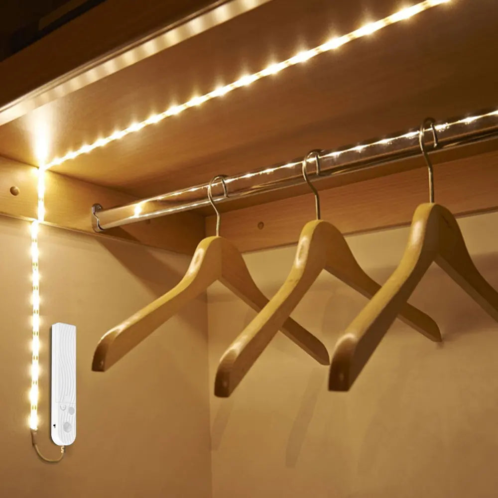 LED motion sensor light strip, flexible and rechargeable, suitable for closets, stairs, and under-bed lighting solutions