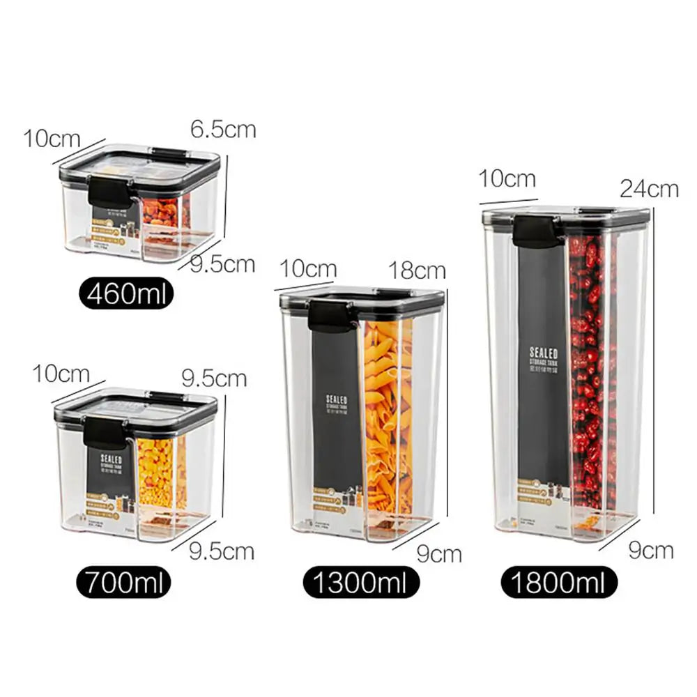 Set of airtight plastic pantry containers with plastic lids, perfect for storing cereals, snacks, and kitchen staples.