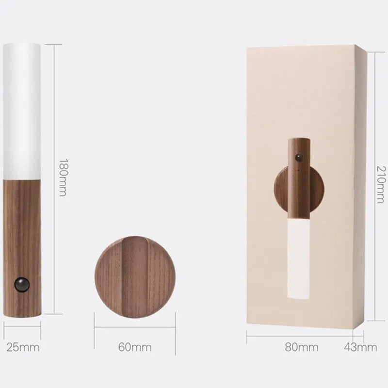 Modern USB rechargeable LED wall lamp with motion and photosensitive sensor, wireless magnetic wooden beam for smart lighting.