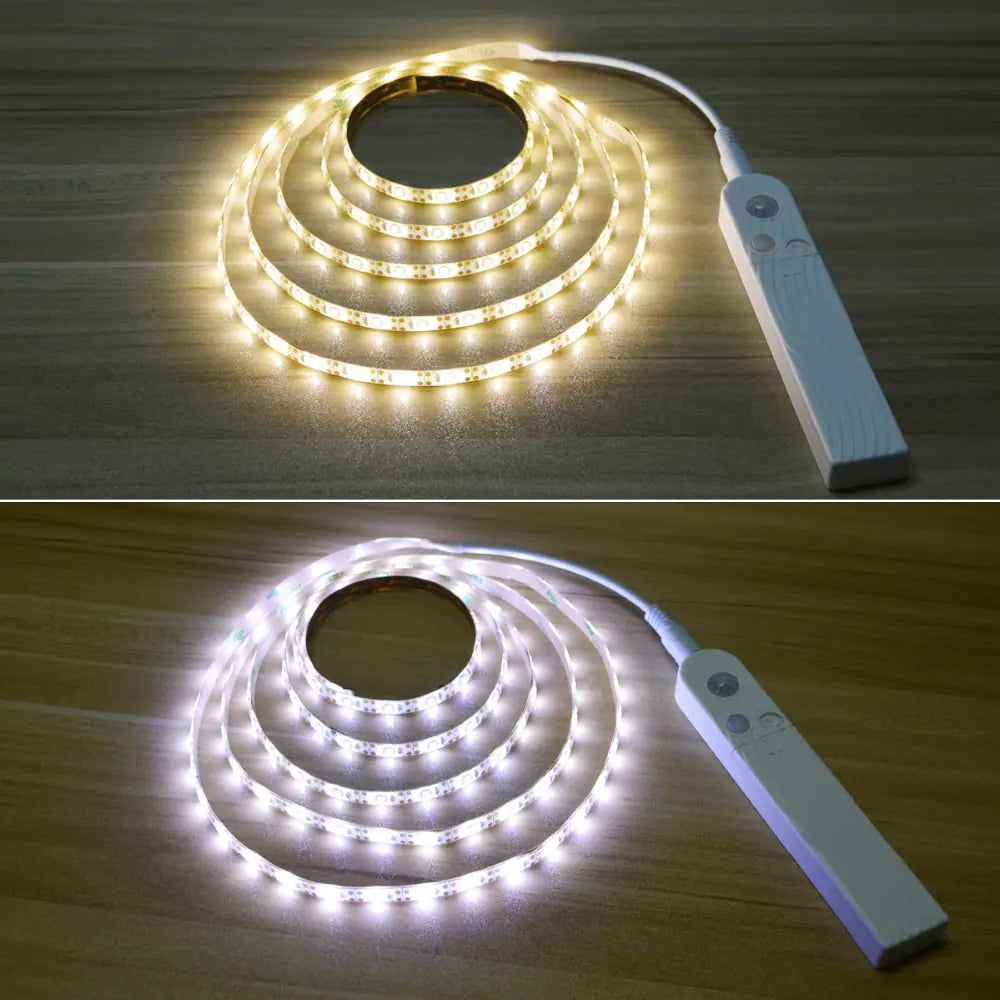 LED motion sensor light strip, flexible and rechargeable, suitable for closets, stairs, and under-bed lighting solutions.