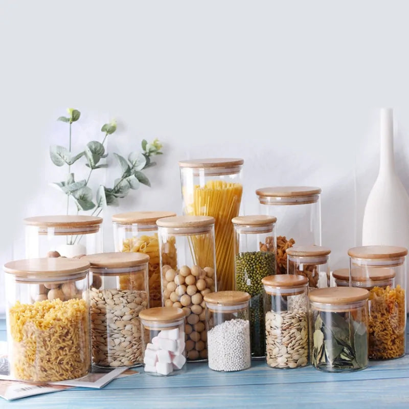 Sealed glass food storage container with bamboo cover, ideal for pantry organization and cereal dispensing