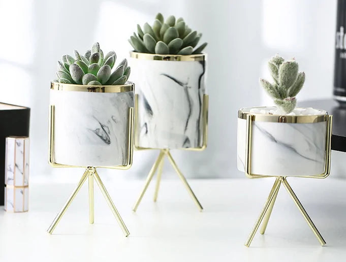 Nordic marble glazed porcelain plant vase with gold rim – elegant home decor for modern interiors, ideal for stylish indoor plants or as a decorative accent for living rooms and offices.