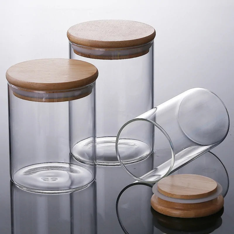 Durable glass storage jar with bamboo cover, airtight sealed for kitchen and pantry use.