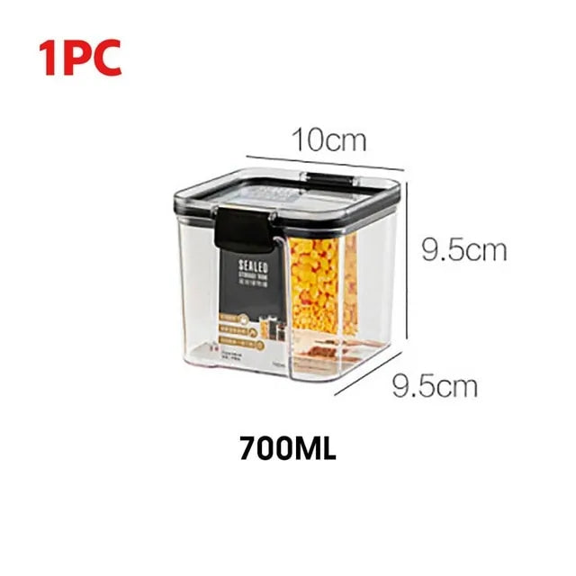 Airtight plastic pantry storage containers with secure plastic lids, ideal for organizing dry foods and kitchen essentials.