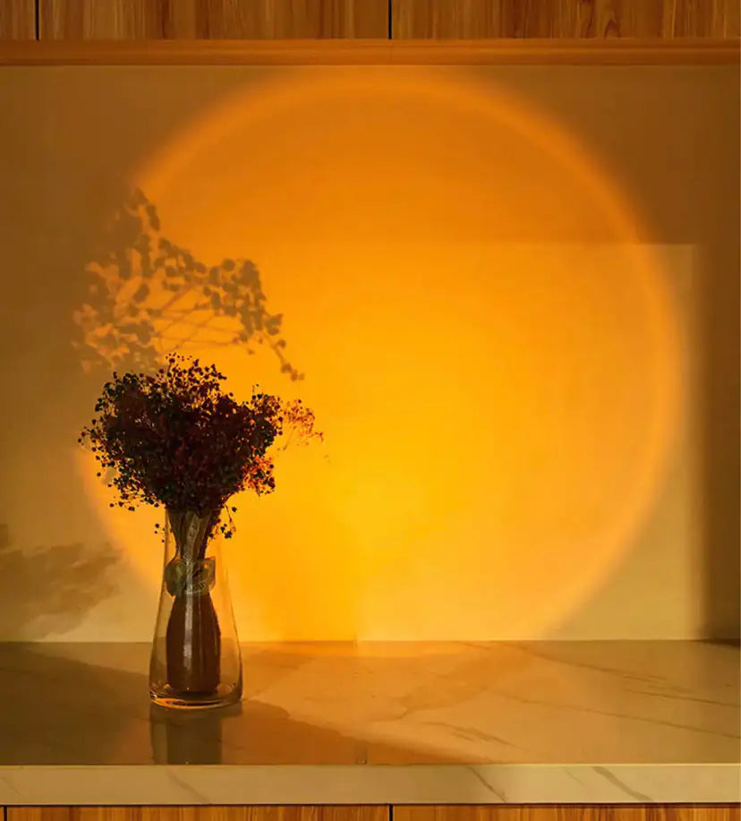 Sunset lamp projector with LED lighting, ideal for creating a cozy ambiance and under-cabinet lighting at home.