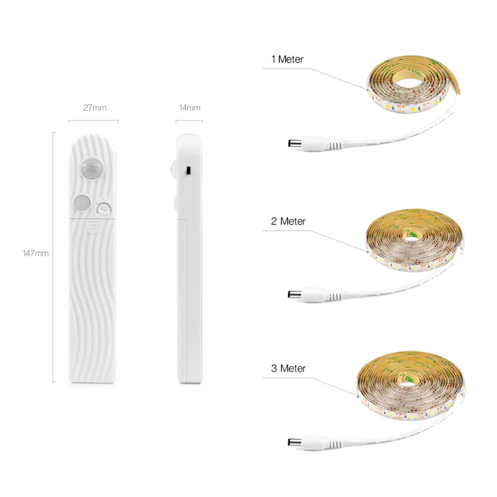 USB rechargeable LED strip light with motion detection, adhesive backing, and flexible design for versatile home lighting.