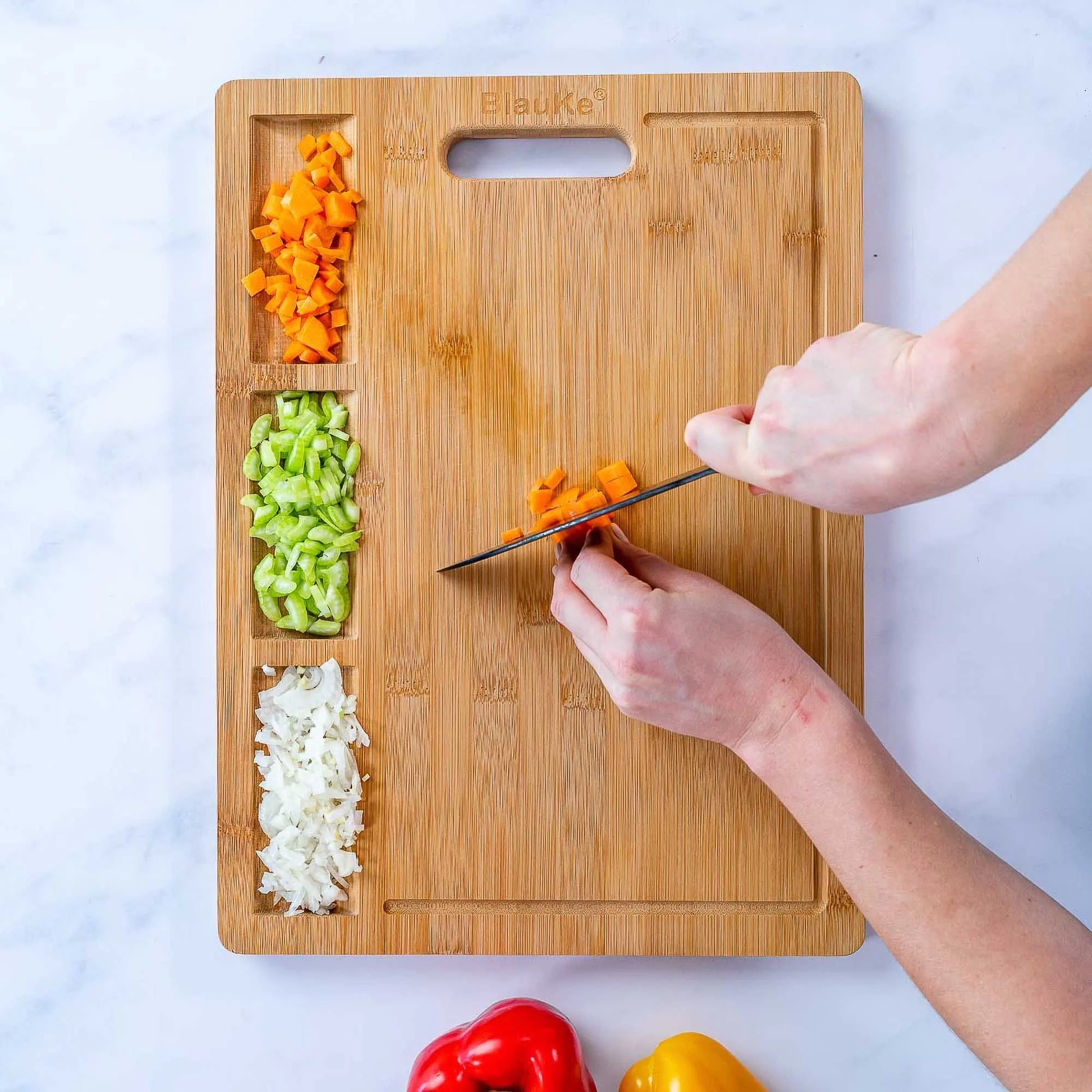 Extra-large bamboo cutting board, durable kitchen chopping board for vegetables, fruits, and meat prep.