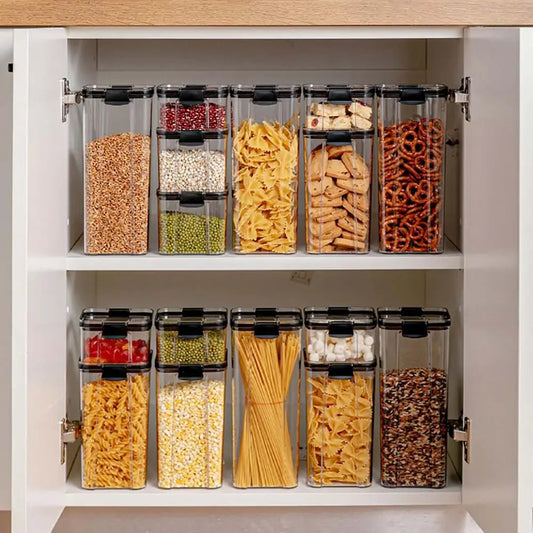 Plastic airtight containers for pantry storage, secure plastic lids to keep food fresh and organized.