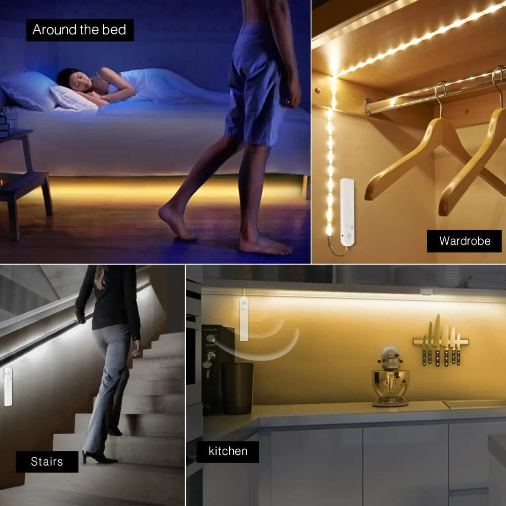 LED motion sensor light strip, flexible and rechargeable, suitable for closets, stairs, and under-bed lighting solutions.